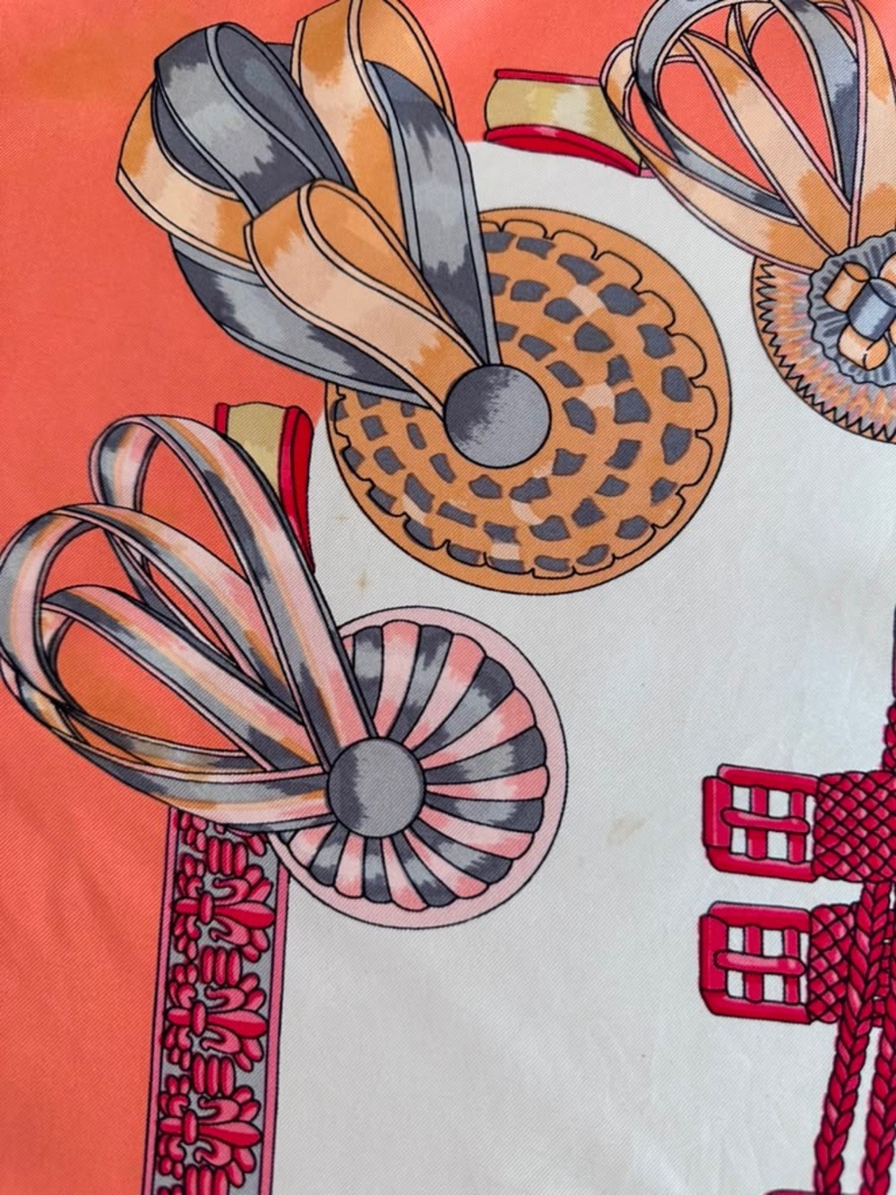 Hermes Coral, Cream & Red Ribbon Motif Silk Scarf - Picture 12 of 14